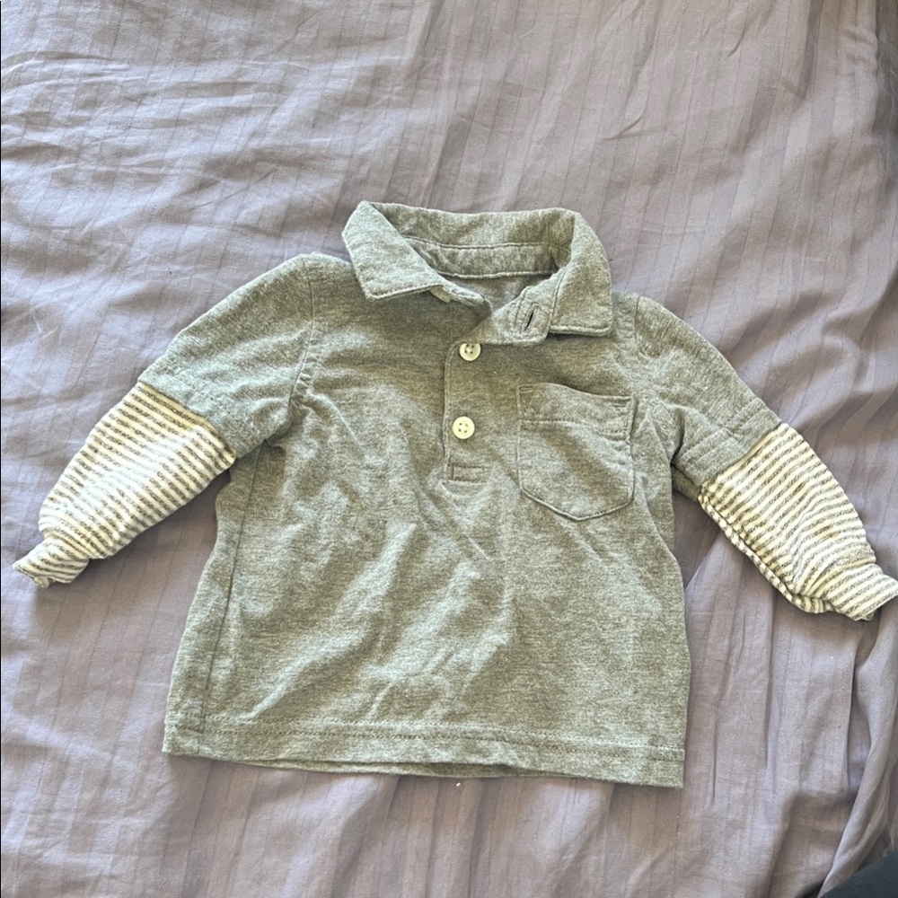 Carter's Gray Polo with Striped Sleeves 3 months